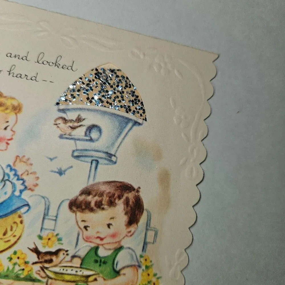 VTG Get Well Greeting Card Boy Girl Gay Birds Whistling Tune Scalloped Edge 4x4